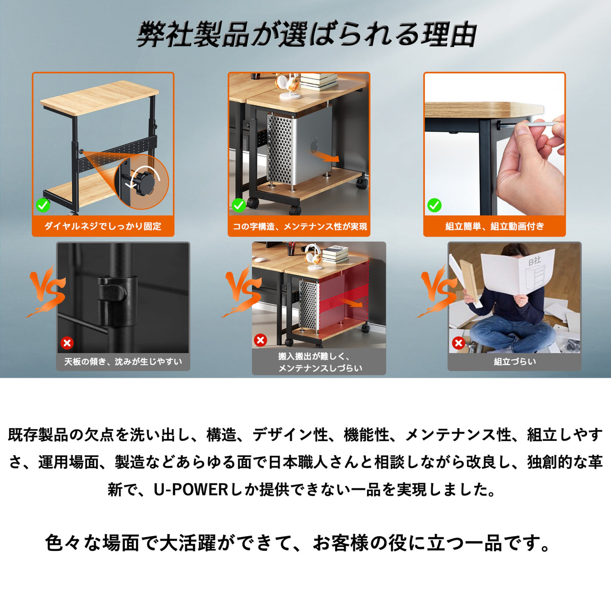 U-POWER(ナチュラル) 昇降式 L字デスク PCラック パソコンラック pcワゴン (幅32×奥行67×高さ60~80cm)  X-1